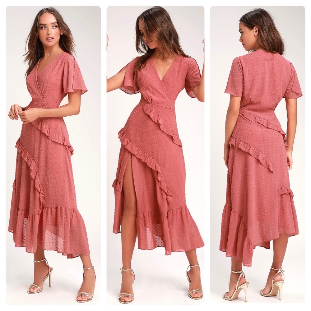 Lulu’s Next to You Rusty Rose Swiss Dot Ruffled Midi Dress Small S